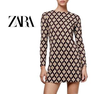 Zara Brown Geometric Long Sleeve Mini Dress Size Small Retro Going Out Party